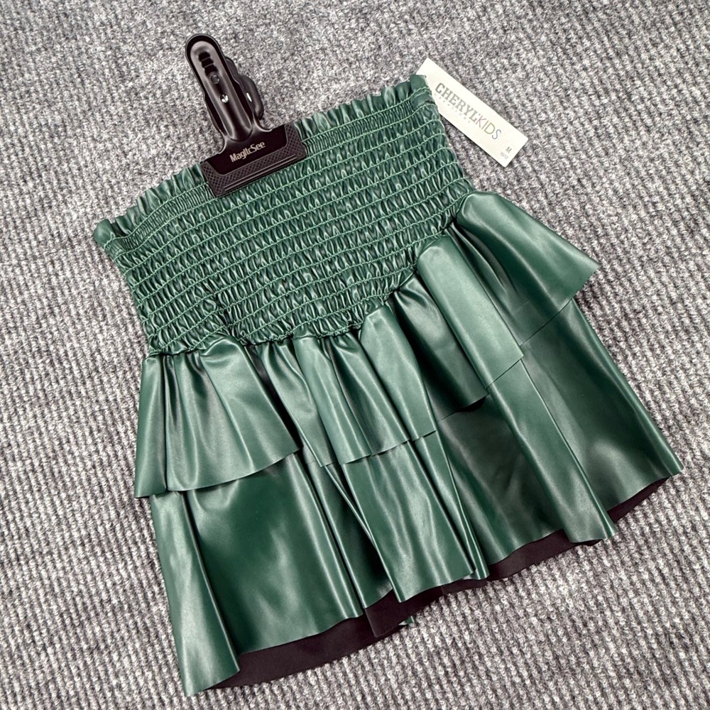Cheryl Kids Smocked Leather Skirt Kids Size 10/12 Green New Ruffle Tiered